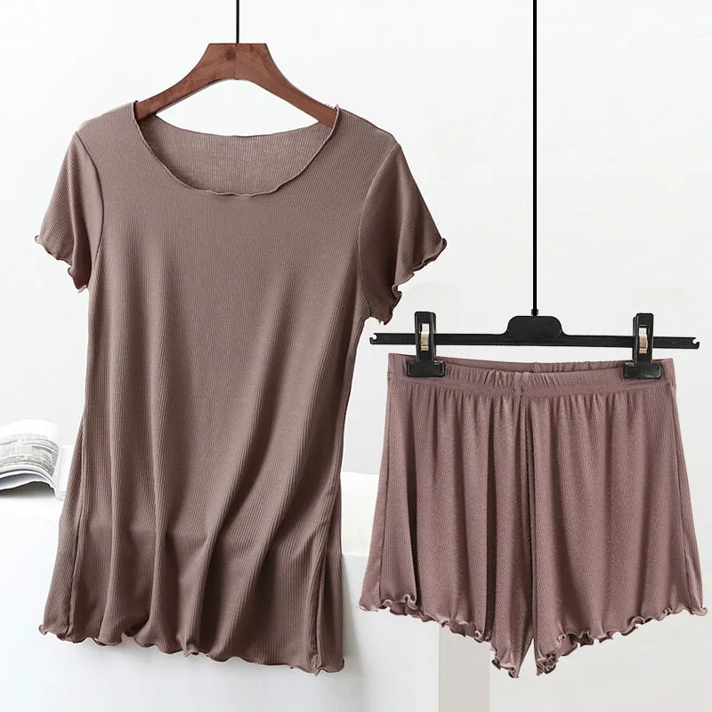 

2021 Summer Short Sleeve Cotton Pajamas For Women Home Suit Cute Ruffles Loose Pijama Mujer 2Pcs Top Shorts Female Sleepwear Set