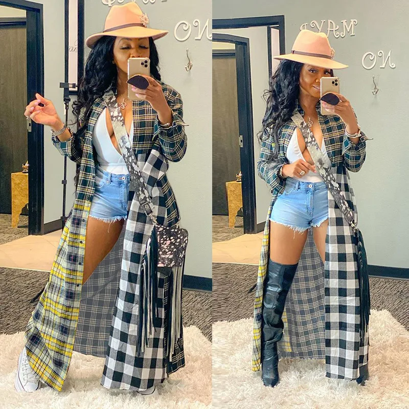 

Ursuper 2021 New Long Coat Causal Fashion Plaid Patchwork Women Long Shit Coat