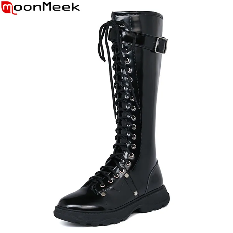 MoonMeek/2020 Ботинки из натуральной кожи Повседневная женская обувь на низком каблуке