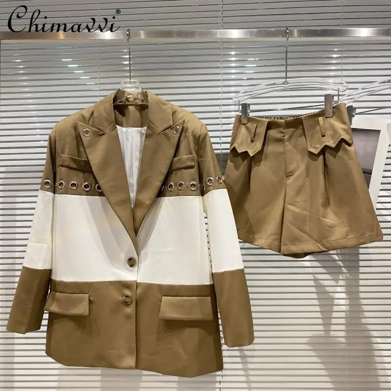 

2021 Fall Women's Clothing New Fashion Ring Hollow Contrast Color Suit Jacket Small Flanging Waist Short Pants Elegant Outfit