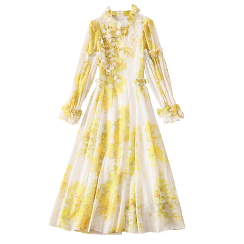 

HIGH QUALITY Women 2021 New Fashionable Organza Three-Dimensional Yellow Flower Collar Flare Sleeve Long Dress