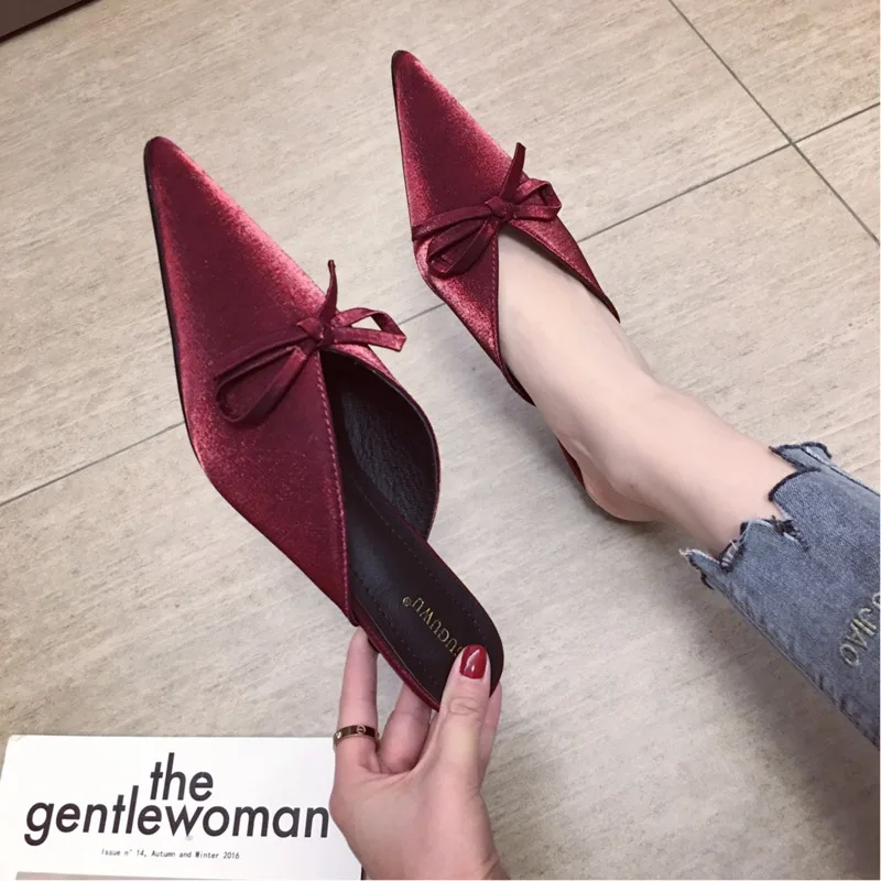 2020 Summer Women Mules Shoes Luxury Slides Sexy Pointed Toe Kitten Heels Slippers Red Shallow Silk Woman Butterfly-knot Slipper | Обувь