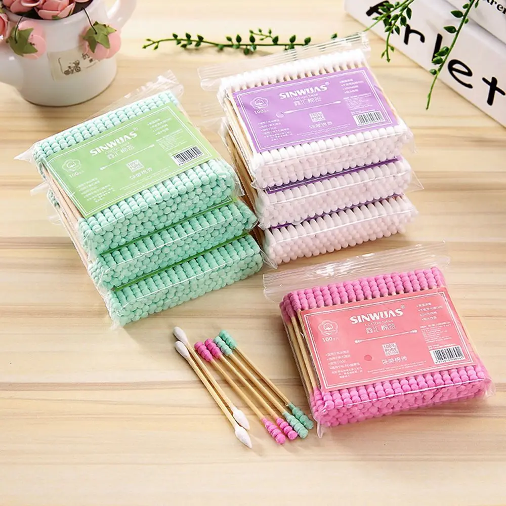 

100pcs/ Pack Double Head Cotton Swab Women Makeup Cotton Buds Tip For Medical Wood Sticks Nose Ears Cleaning Health Care Tools
