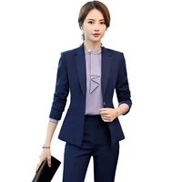 female elegant business womens tops and blouses pants suits office ladies blazer trouser work wear 2 pieces set plus size blue