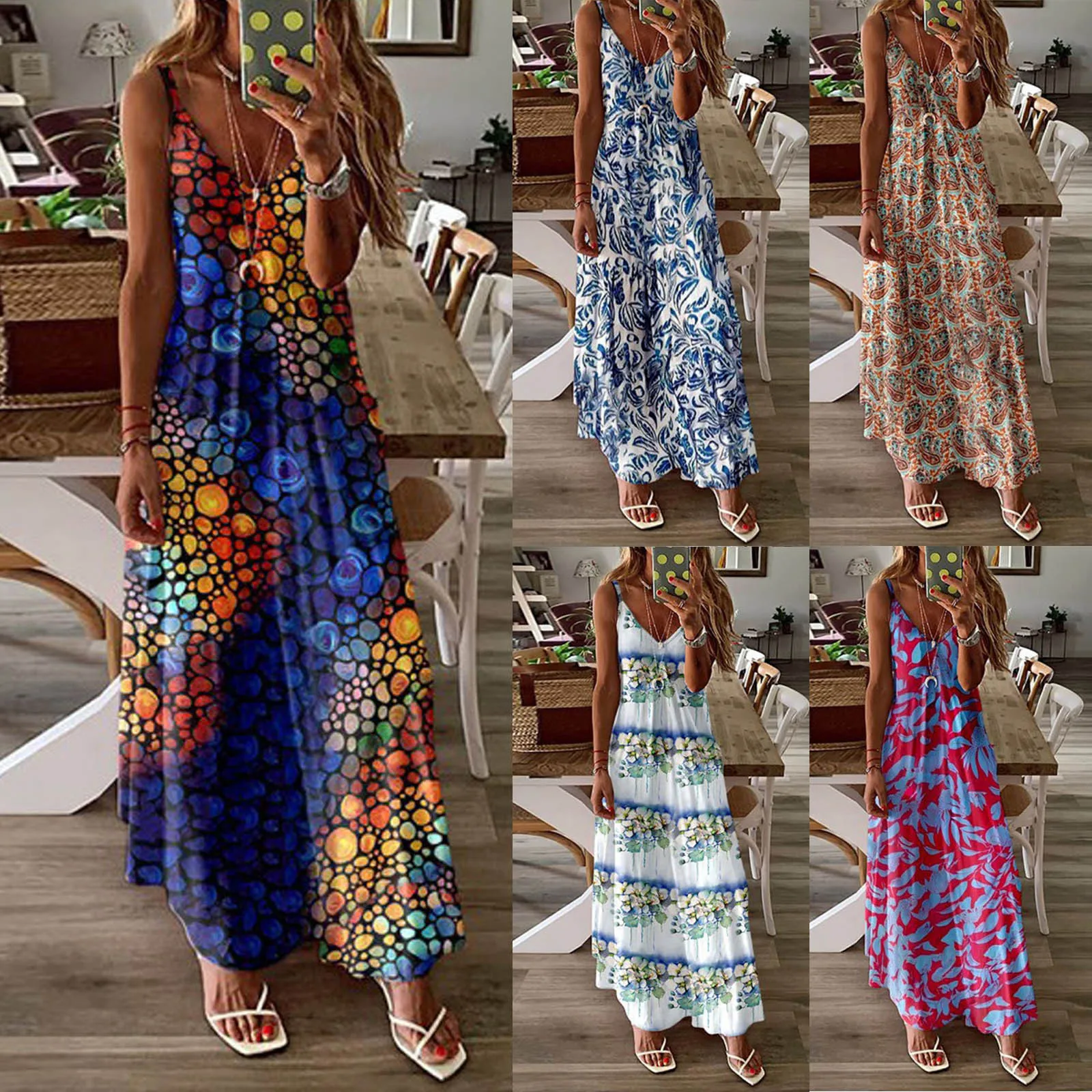 

Fashion Ladies Summer Dress Fashion V-neck Sling Dress Casual Retro Print Loose Sleeveless Loose Long Dress Vestido De Mujer