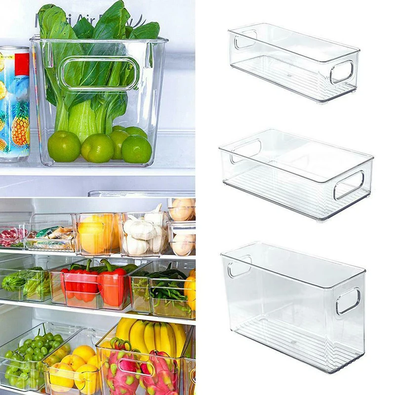 

S/M/L Refrigerator Organizer Bin Stackable Fridge Food Storage Box With Handle Clear Plastic Pantry Food Freezer Organizer Tool