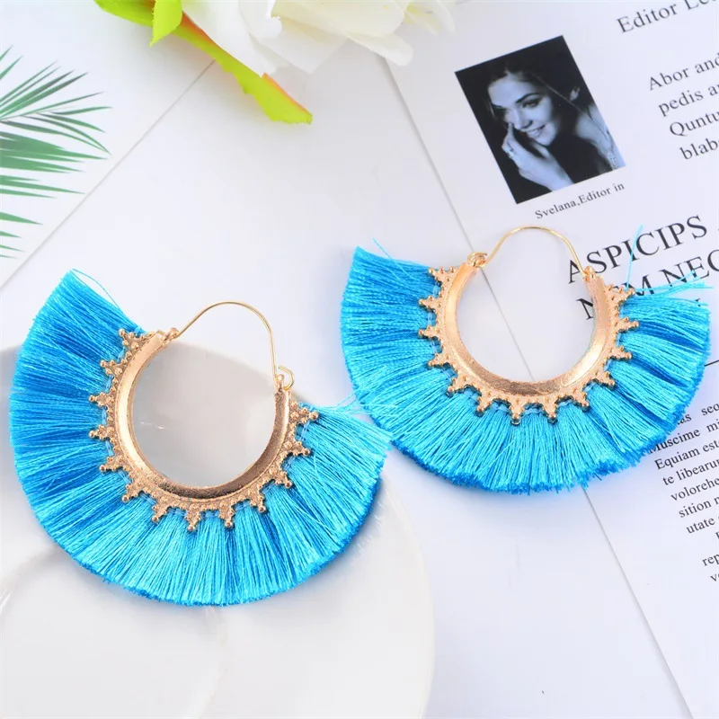 

VWKTUUN Bohemian Big Hoop Earrings Gold Color Statement Tassel Earrings For Women Boho Weaving Jewelry Ethnic Style Earrings