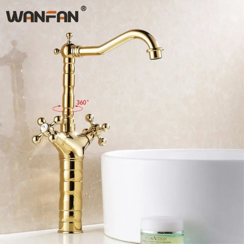 Антикварные смесители для раковины в ванную комнату золотистый кран с высокой