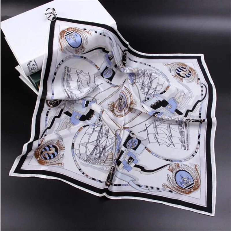 

POBING 100% Pure Silk Scarf For Ladies Spain Boat Print Square Scarves Small Head Handkerchief Wholesale Hijab Wraps 53x53CM