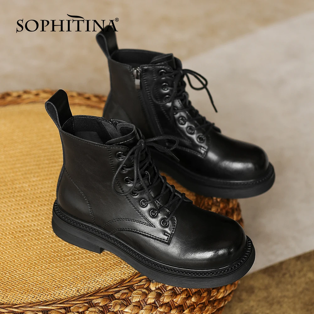 Beli Sepatu Bot Wanita Kasual SOPHITINA Sepatu Bot Ujung Bundar Kulit Asli Hak Persegi Nyaman Sepatu Kantor Wanita Berenda Ritsleting HO257