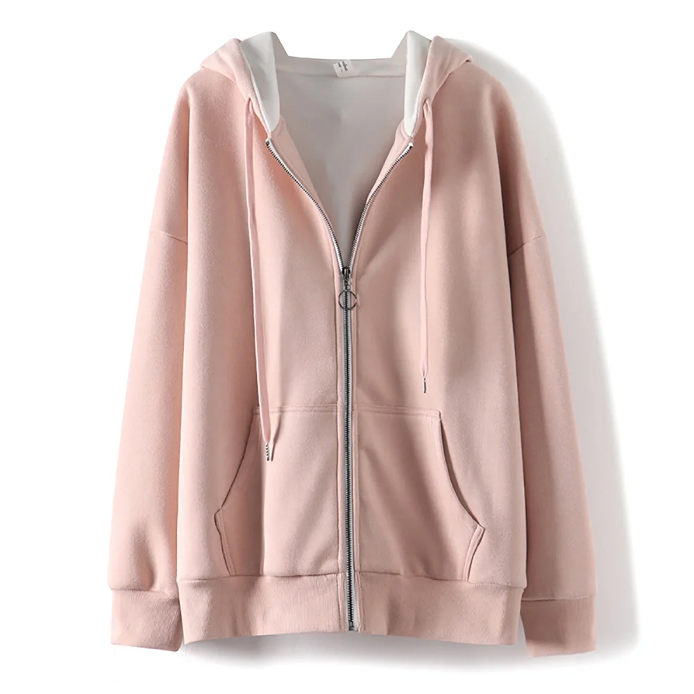 

Casual Sport Sweatwear Zip Up Cotton Hoodies Women Fashion Pink Black Tops With Big Pocket Long Sleeve Lace Up Velvet Lining Top