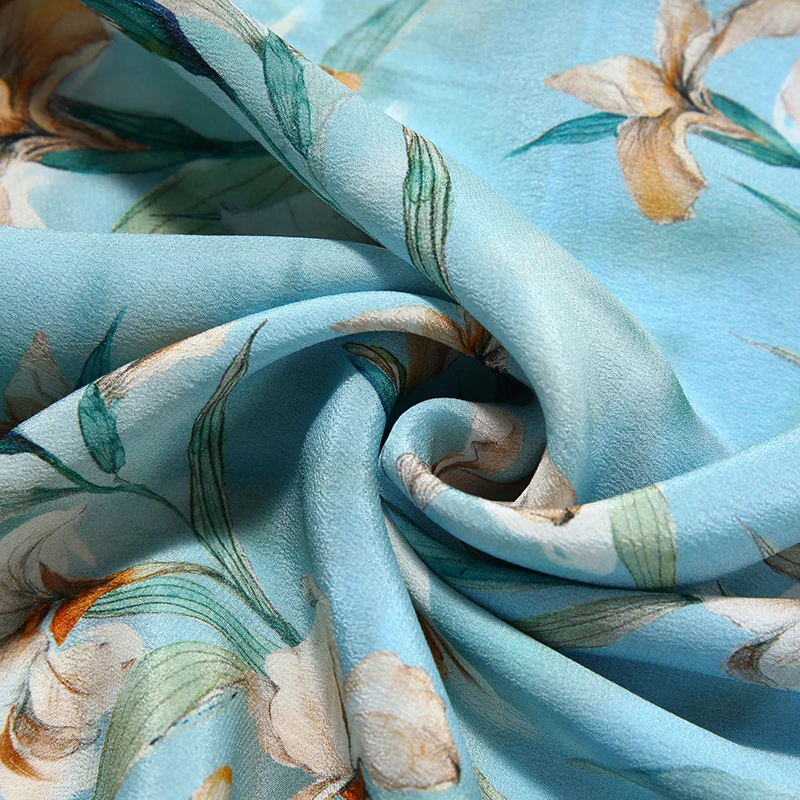 

Beach Style Women Summer Dresses Elegant V-neck High Waist Short Sleeve Blue Floral Print 100% Pure Real Silk Lady A-line Dress