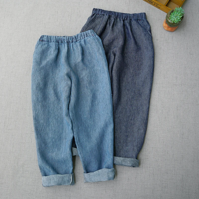 

Брюки-султанки женские из денима, универсальные свободные удобные брюки из денима в винтажном стиле, с потертостями, с эластичным поясом, ве...