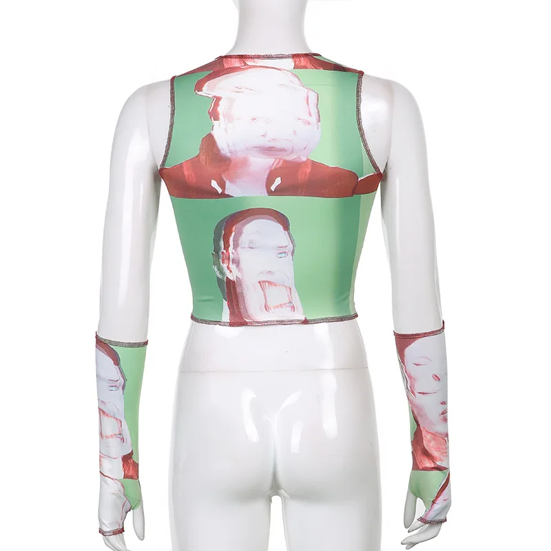 

ArtSu Harajuku Tops Summer Women Patchwork Graphic Crop Tee With Arm Gloves Streetwear Off Shoulder Slim Sexy Tank Top TS52910