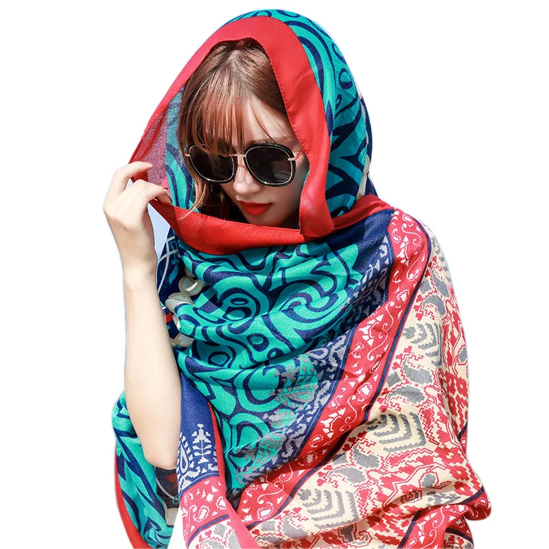 

Summer Cotton and Linen Ethnic Travel Silk Scarf Sunscreen Scarf Big Shawl Female Sea Beach Towel Printing Shawl