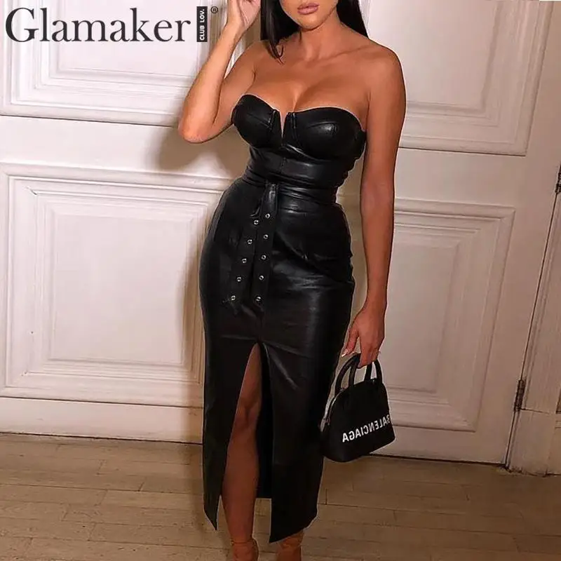 Glamaker/длинное платье из искусственной кожи с открытыми плечами, без бретелек, женское облегающее осеннее платье с разрезом на пуговицах, женские вечерние Клубные черные платья
