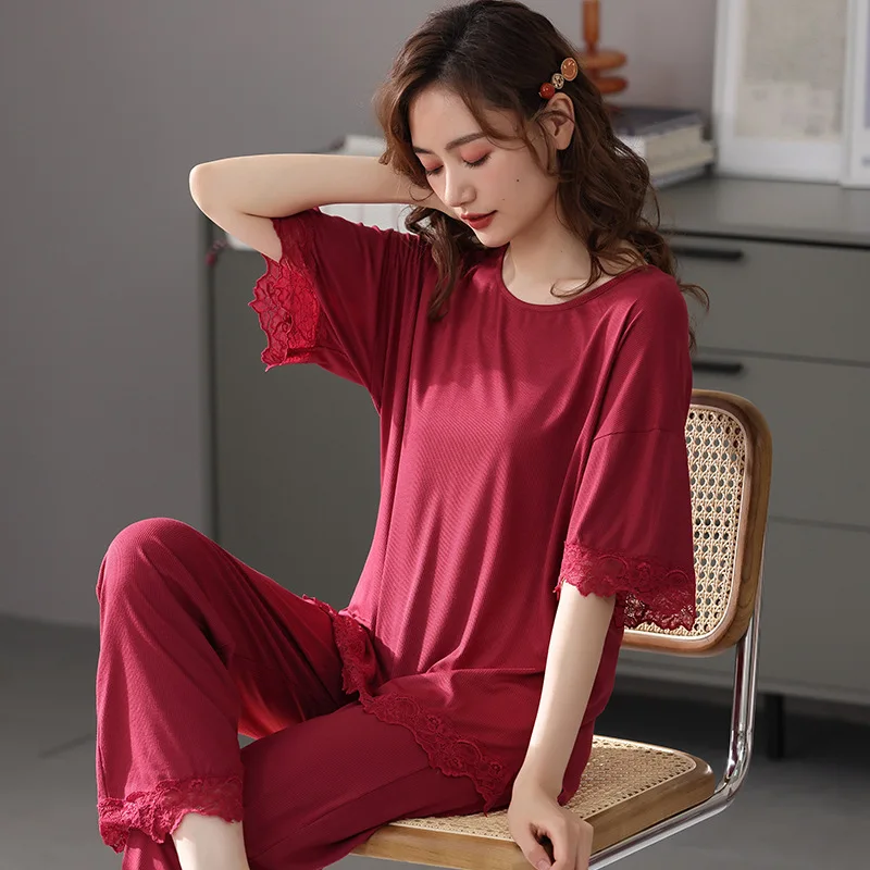 

Korean Style Solid Color Summer Pajamas Women Short-sleeved Trousers Viscose Simple Solid Color Lace Pizama Damska Home Clothes