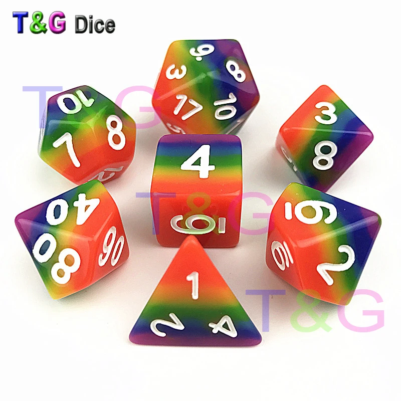 T& G цветная 7 шт./компл. радужные игральные кости, кубик d4 d6 d8 d10 d10 d12 d20 ролевые игры в кости с небольшую сумку для Dnd, ролевые игры, в качестве подарка