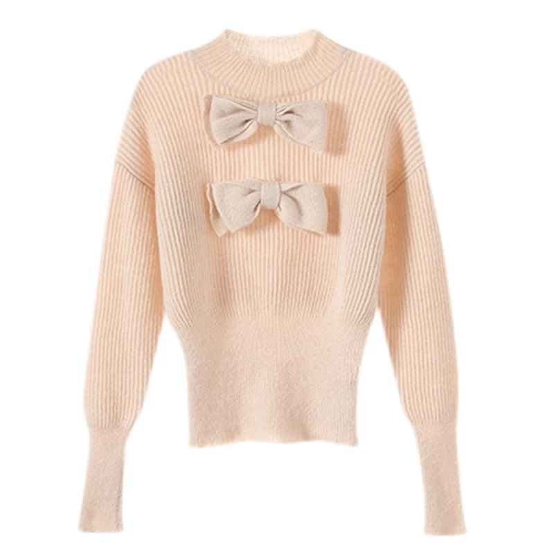 Розовый вязаный зимний свитер с галстуком-бабочкой женский модный джемпер