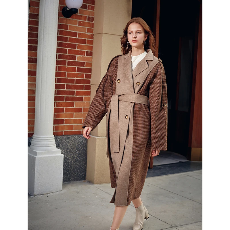 

AEL woman's upmarket double woolen coat New fashion patchwork women's popular woolen lattice overcoat female