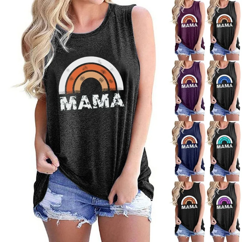

Summer Casual Women Sleeveless Camisole Rainbow Letter Print Fashion Female Waistcoat Ladies Regular Daily Loose O-Neck Tank Top