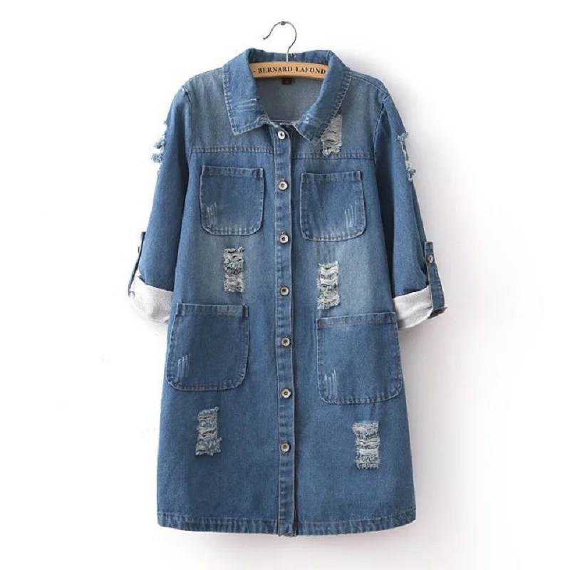 

Denim Jacket Women 2020 Autumn New Fashion Female Long Sleeve Single Breasted Ripped Hole Outerwear Denim Long Coats Jacket