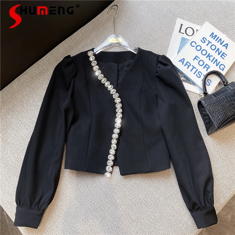 

2021 Summer Autumn Ladies New Style European Elegant Blazers Women Fashion Rhinestone Edging Irregular V-neck Long Sleeve Suit