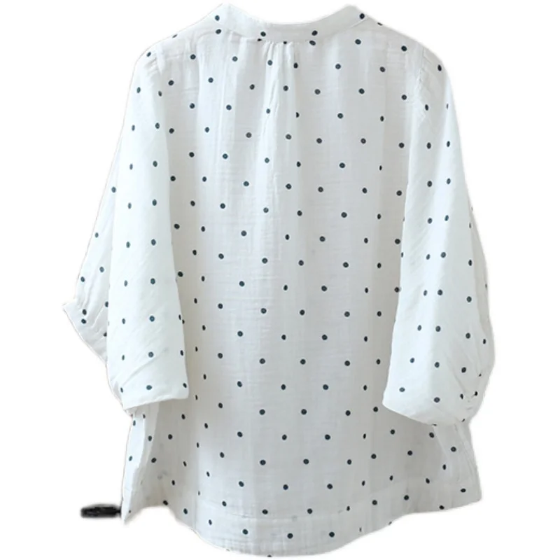 

Summer Batwing Sleeve Top Shirt Women Stand Collar Three Quarter Sleeve Sweet Polka Dot Shirt Double Layer Cotton Yarn Casual