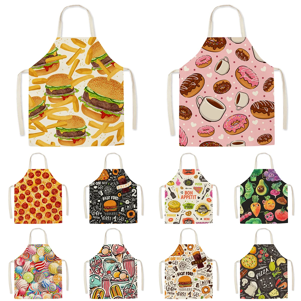 Enlarge Food pattern women's kitchen antifouling apron men's burger print sleeveless apron waterproof household cleaning tool