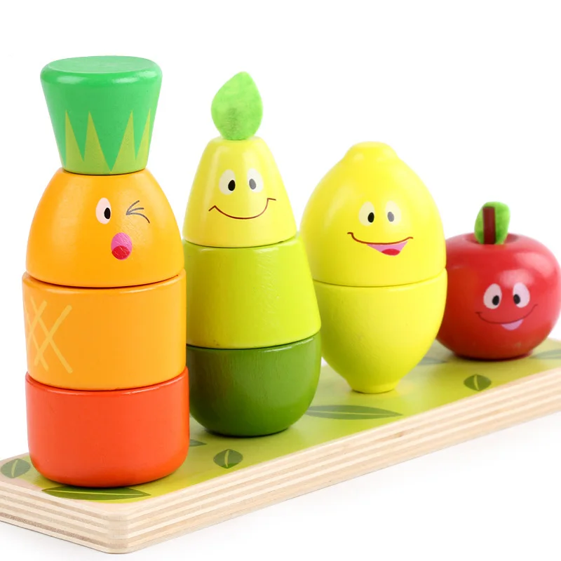 

Wooden Fruit Pile Tower Cartoon Stacking Toy Children's Enlightenment Fruit Cognition Early Education Puzzle Blocks
