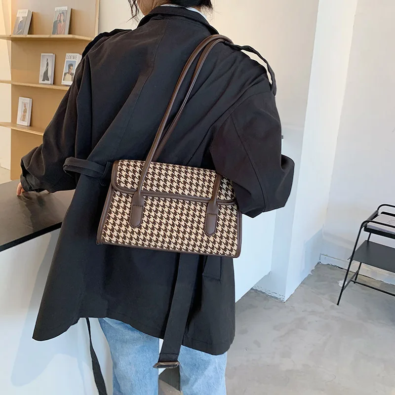 

Vintage Houndstooth Female Underarm Bag Simple PU Leather Ladies Tote Handbags Elegant Plaid Women Daily Small Shoulder Bags