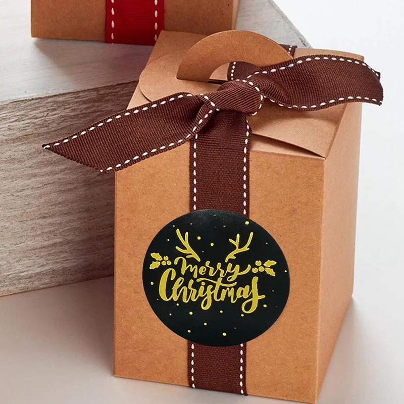 

500 pcs/roll Merry Christmas Golden Plated Stickers Gift Candy Box Homemade Cookies Bag Sealing Round 1 inch Decoration Decals