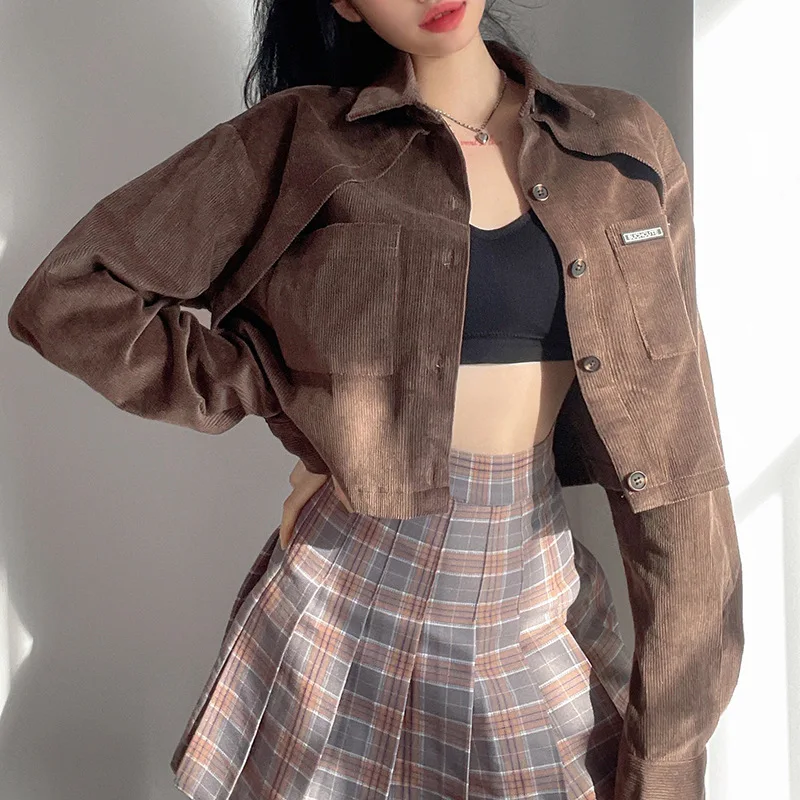 

Autumn and Winter Style Retro Brown Short Sleeve Lapel BF Wind Jacket Pocket Casual All-match Elegant Pure Color Corduroy Jacket
