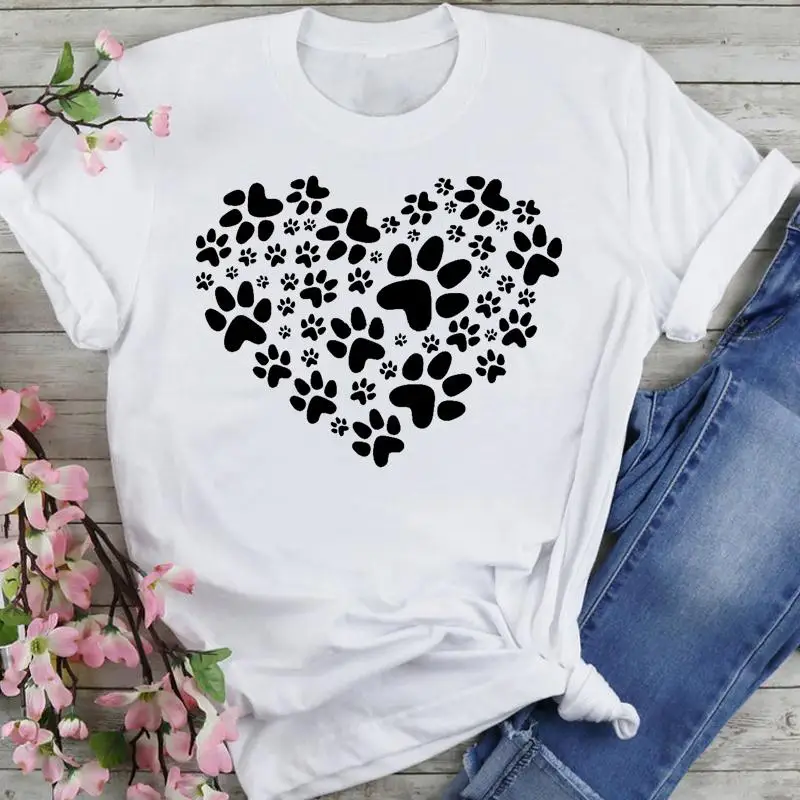 

Women Sweet 90s Dog Paw Love Cute Style Cartoon Summer Fashion Print Short Sleeve Lovely Clothes Tops Tees Tshirt T-Shirt