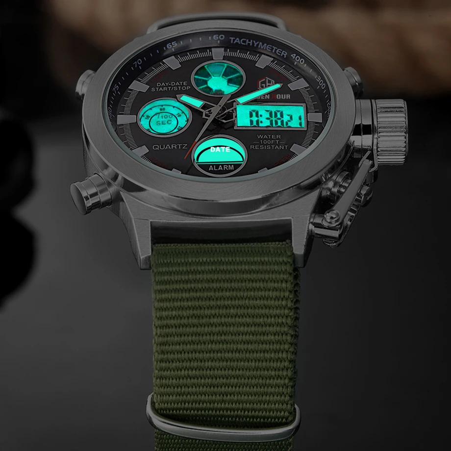 Спортивные часы Reloj Hombre GOLDENHOUR мужские кварцевые с холщовым ремешком армейские |