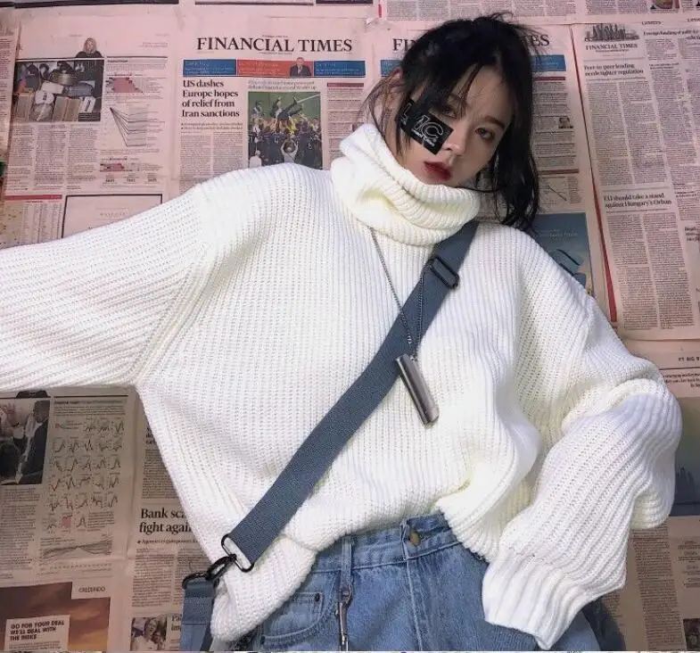 Bella philosophy, зимний женский Однотонный свитер в стиле Харадзюку, водолазка, Повседневный свитер, женские свободные Корейские вязаные свитера, женские зеленые свитера