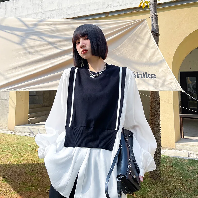 

2021 Summer Female T-Shirt New Fashion Of The French Long Sleeve Splicing Knitting Hubble-Bubble Sleeve Blouse