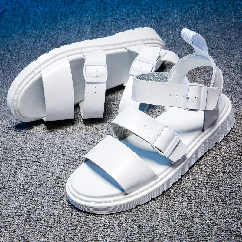 Сандалии женские кожаные с пряжкой босоножки на толстой подошве туфли цвет