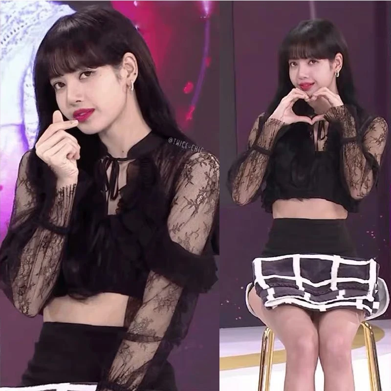 

Kpop корейские знаменитости черные сексуальные перспективные кружевные рубашки с длинными рукавами женские летние уличные тонкие короткие ...