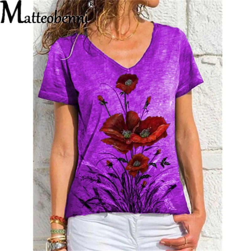 

Summer T-Shirt Floral Print Pullover Tops Women Casual Short Sleeve V-Neck Loose Vintage T-Shirt Plus Size Femme Fashion Clothes