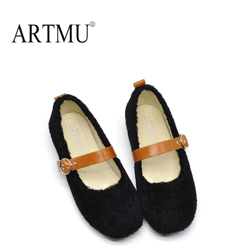 

Artmu Original Fur Shoes Women's Winter Flat Sole Shoes Soft Sole Handmade Shoes Buckle 2020 New Round Toe Flats 200756