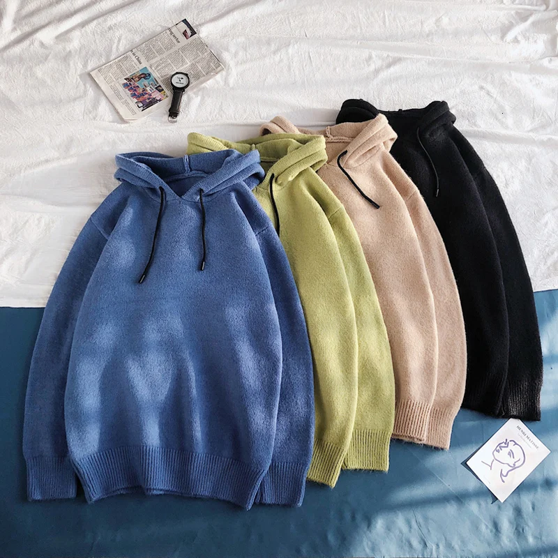 Winter Hooded Sweater Men's Warm Fashion Solid Color Casual Knit Pullover Men Wild Knitting Sweaters Male Sweter Clothes M-2XL