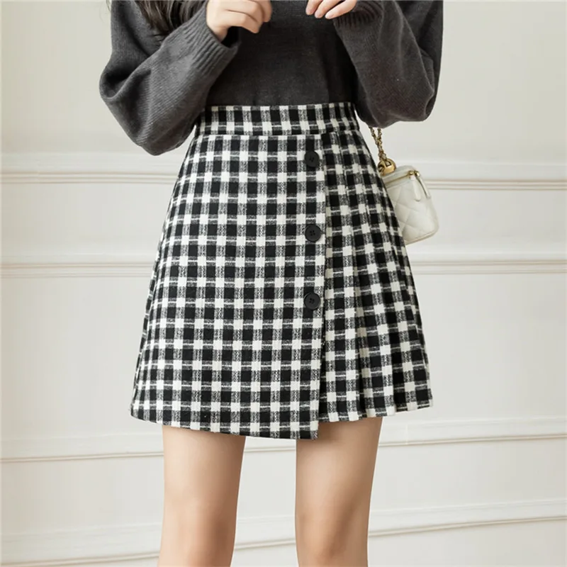 

Клетчатая Шерстяная Короткая юбка для молодых женщин, одежда на осень и зиму, новинка 2022, модная пикантная юбка-трапеция с высокой талией, ...