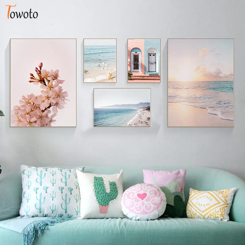 Nordic Landscape Canvas Painting for Living Room Poster Print Coastline Sea Wall Art Pink Flower Decoration Picture Home Decor | Дом и сад
