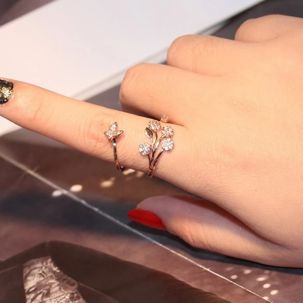

Luxury Crystal Butterfly Tree Leaf Wedding Rings for Women Fashion Engagement Jewelry White Crystal Open Adjustable Finger Ring