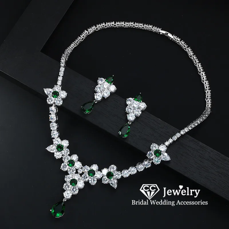 

CC Flower Shape Necklace Earrings Sets for Women Wedding Accessories Bridal Bijoux Engagement Choker Fine Jewellery 2 PCS HL075