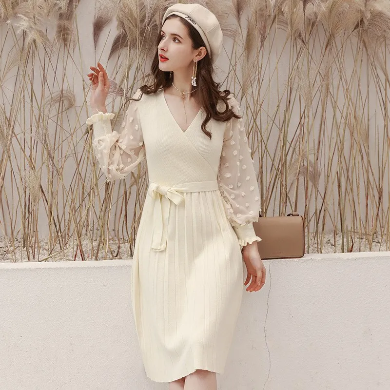 Женский Длинный Шифоновый свитер плиссированное трикотажное платье Осень зима