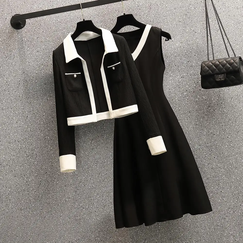 Plus Size 4XL Winter Women Office Ladies Suit Jacket Crop Top And Sleeveless Dress Two Piece Set White Black Outfit Work Clothes |