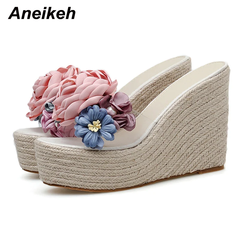 

Aneikeh 2022 Bordered Flower Women Shoes Summer Round Toe Wedges Heels Slippers Concise Shallow Sexy Party Apricot Size 34-40