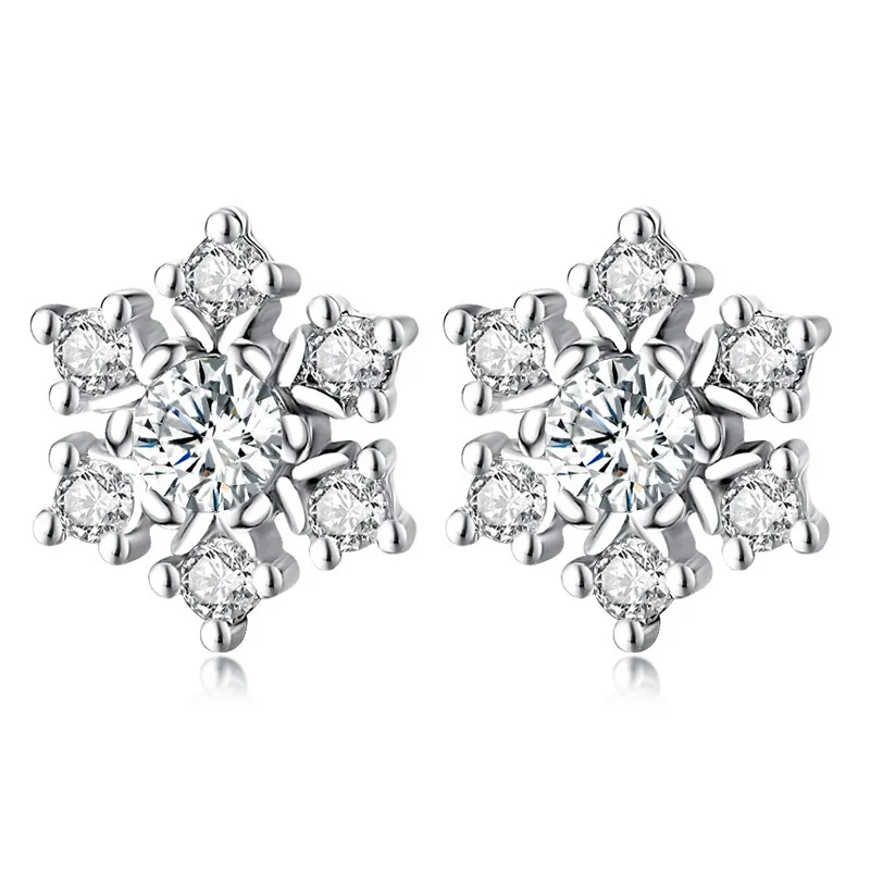 

New Simple snowflake earrings, zircon fashionable silver-plated white gold ear pin earrings women